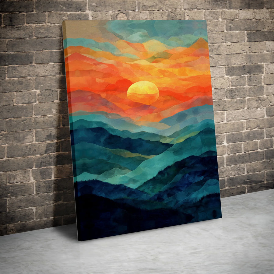 Abstract Mountain Canvas Wall Art | Geometric Sunset Landscape | Premium Gallery Wrapped Canvas | Modern Home Decor Gift