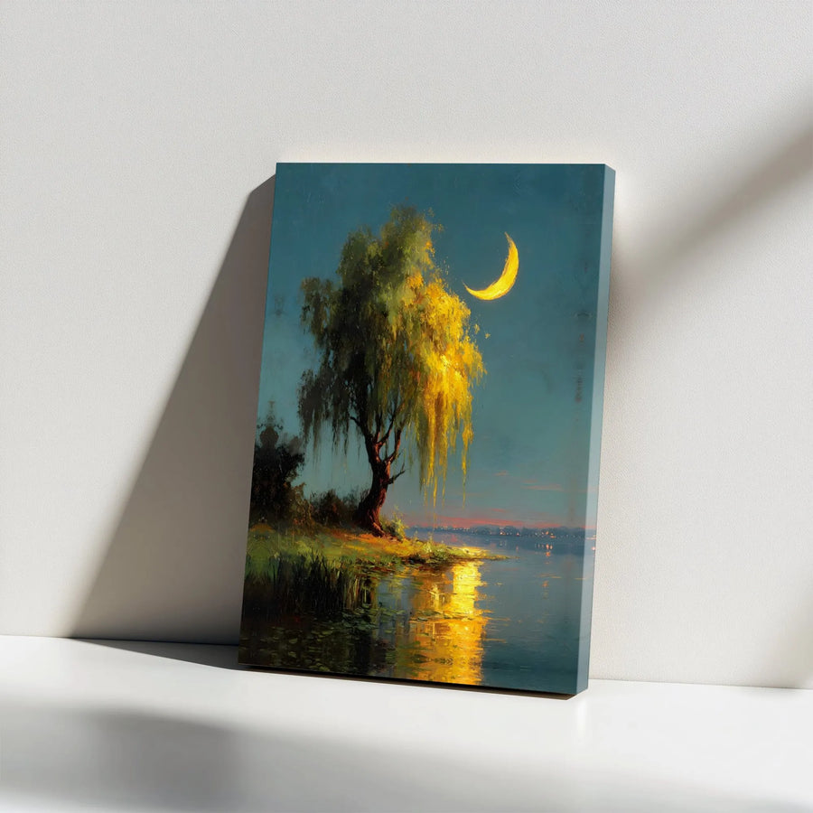 Weeping Willow Canvas Wall Art | Golden Crescent Moon Lake Scenery | Premium Gallery Wrap Print | Serene Nature Home Decor Gift