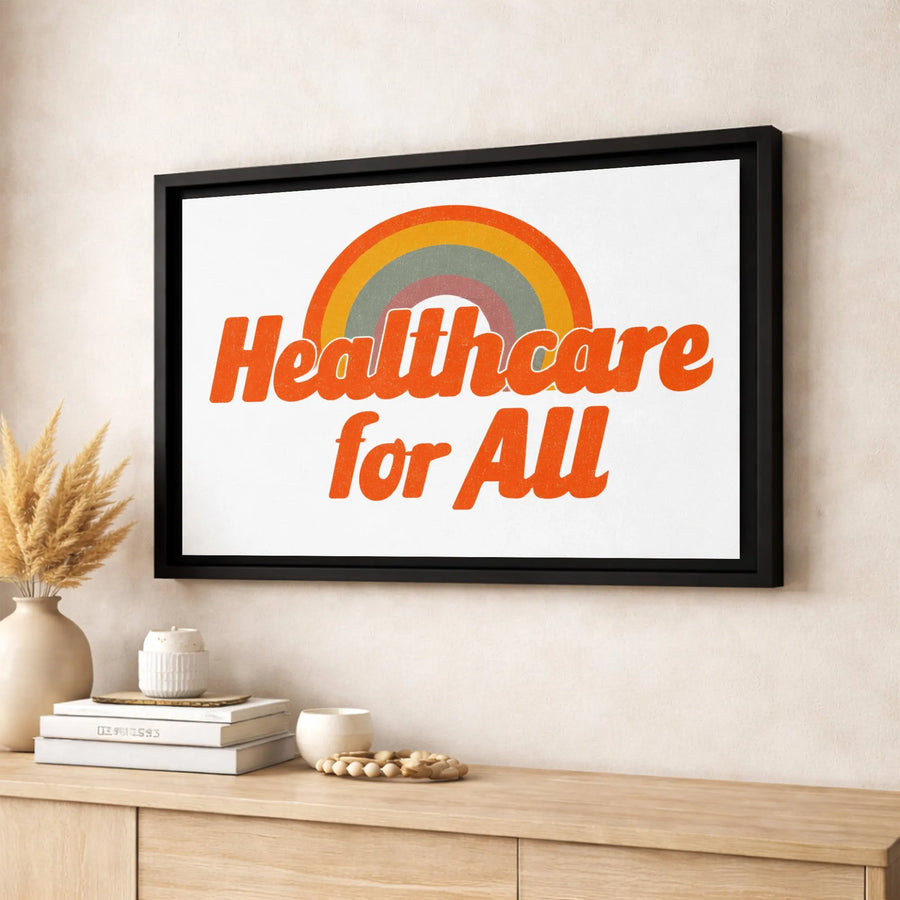 Healthcare For All Wall Art | Retro Rainbow Typography Print | Premium Gallery Wrapped Canvas | Social Justice Decor For Office Or Home