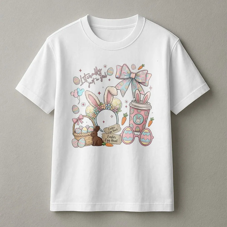 Easter Coquette T-Shirt | Floral Bunny and Eggs Graphic Art | 100% Soft Cotton Tee | Cute Spring Holiday Gift for Women