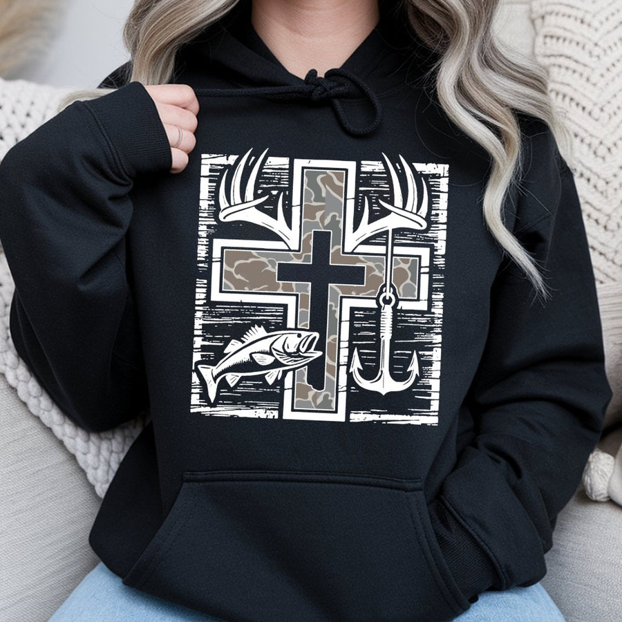 Fishing Hunting Cross Hoodie | Camo Deer Antler Graphic Print | Premium Cotton Blend | Gift For Outdoorsman Sportsman Hunter