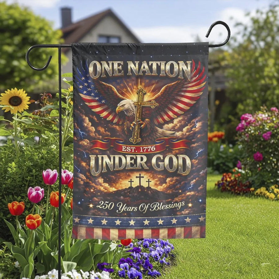 Patriotic Christian Garden Flag | One Nation Under God Eagle & Cross | Weather Resistant Double Sided Banner | USA 250th Anniversary Outdoor Decor Gift