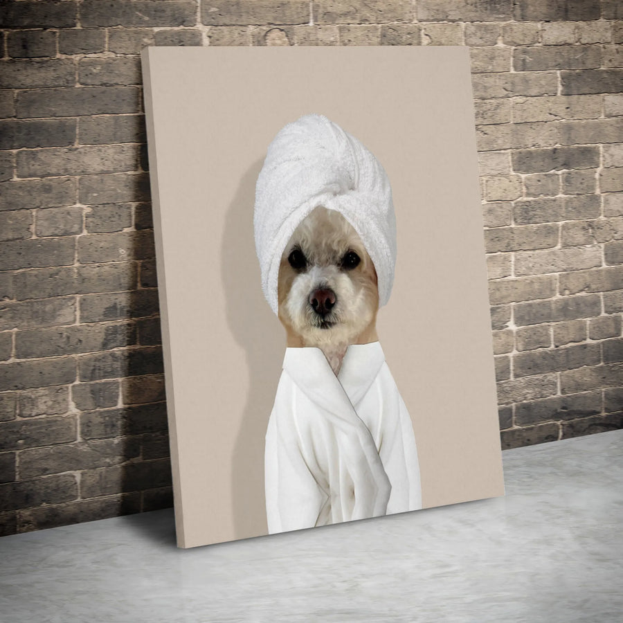 Funny Dog in Bathrobe Canvas Print | Whimsical Spa Pet Wall Art | Premium Gallery Wrapped Decor | Unique Gift for Dog Lovers