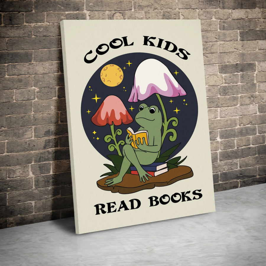 Cool Kids Read Books Frog Canvas Print | Cottagecore Mushroom Aesthetic Wall Art | Premium Gallery-Wrapped Canvas | Whimsical Library Decor Gift