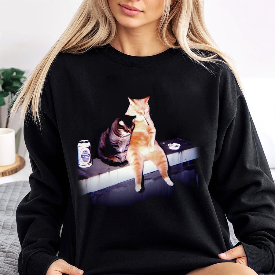 Smoking Cat Sweatshirt | Funny Retro Graphic Animal Print | Premium Cotton Blend Crewneck | Gift for Cat Lovers & Meme Enthusiasts