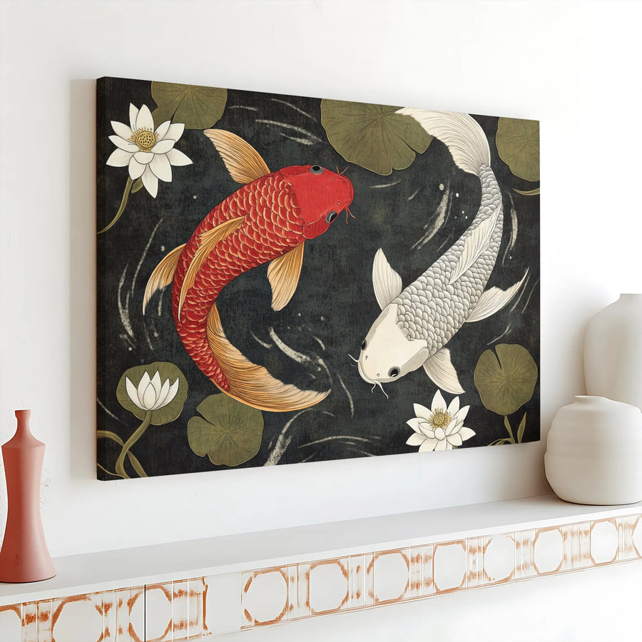 Yin Yang Koi Fish Canvas Art | Japanese Style Red and White Fish Print | Premium Gallery Wrap | Zen Home Decor Gift