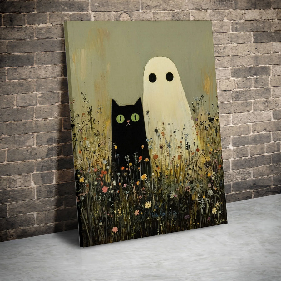 Black Cat and Ghost Canvas Art | Whimsical Spooky Wildflower Meadow | Premium Gallery Wrapped Print | Unique Fall Home Decor Gift