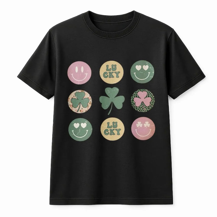 Retro St. Patrick's Day T-Shirt | Groovy Lucky Clover Smiley Face Print | Premium 100% Cotton Tee | Gift for Women and Men