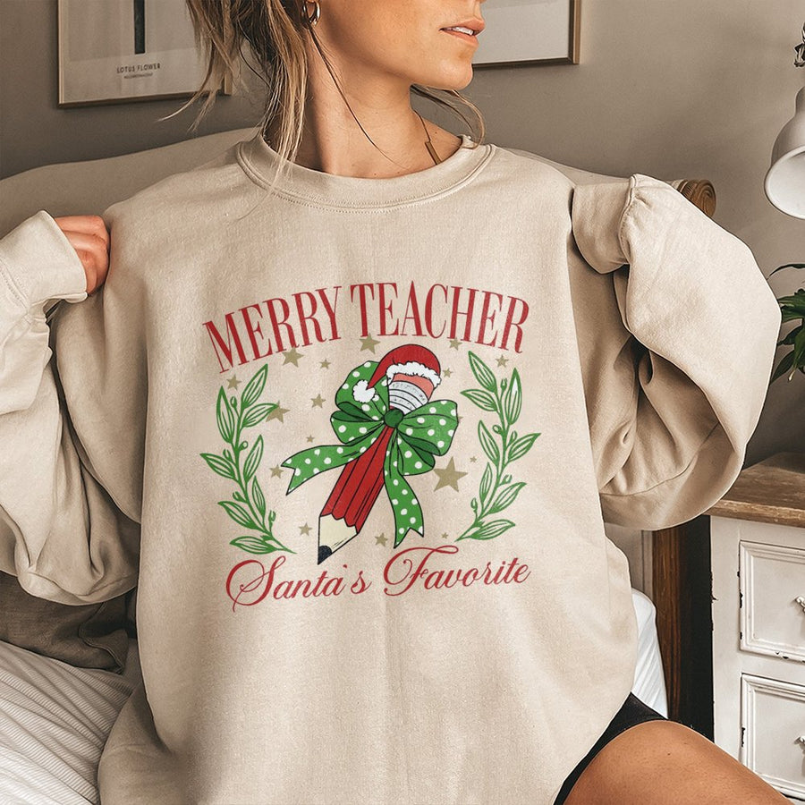 Merry Teacher Sweatshirt | Santa's Favorite Pencil Design | Premium Cotton Blend | Holiday Gift for Educators & School Staff