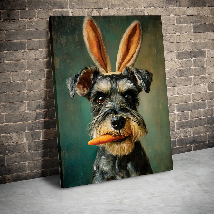 Funny Schnauzer Canvas Print | Dog Wearing Bunny Ears Vintage Portrait | Premium 1.25" Thick Gallery Wrap | Easter Decor Gift for Dog Lover