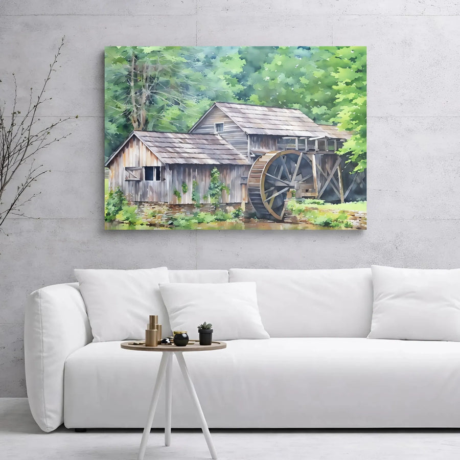 Old Watermill Canvas Wall Art | Rustic Forest Landscape Painting | Premium Gallery Wrap Print | Nature Decor Gift for Home Office