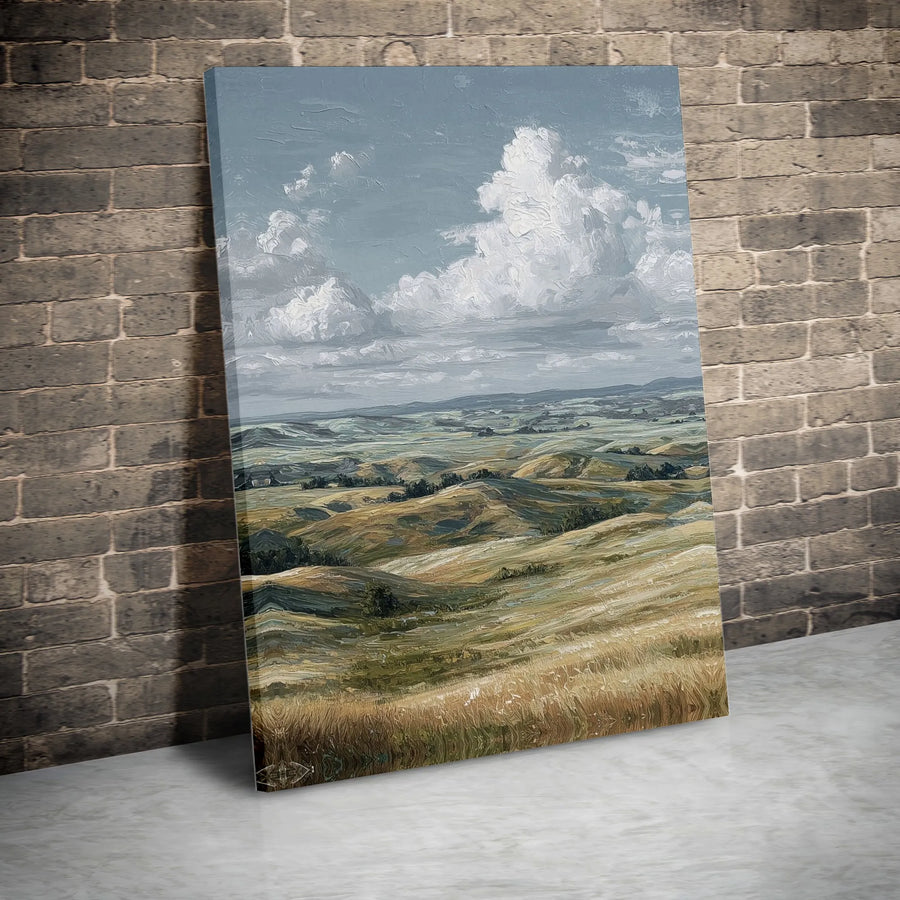 Landscape Painting Canvas Print | Vintage Countryside Scene with Textured Clouds | Premium Gallery Wrapped Art | Farmhouse Living Room Decor Gift