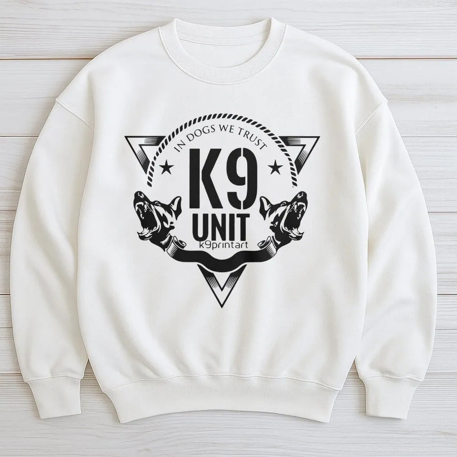 K9 Unit Sweatshirt | In Dogs We Trust Tactical Graphic Print | Premium Cotton Blend Crewneck | Gift For Police K9 Handlers And Dog Lovers