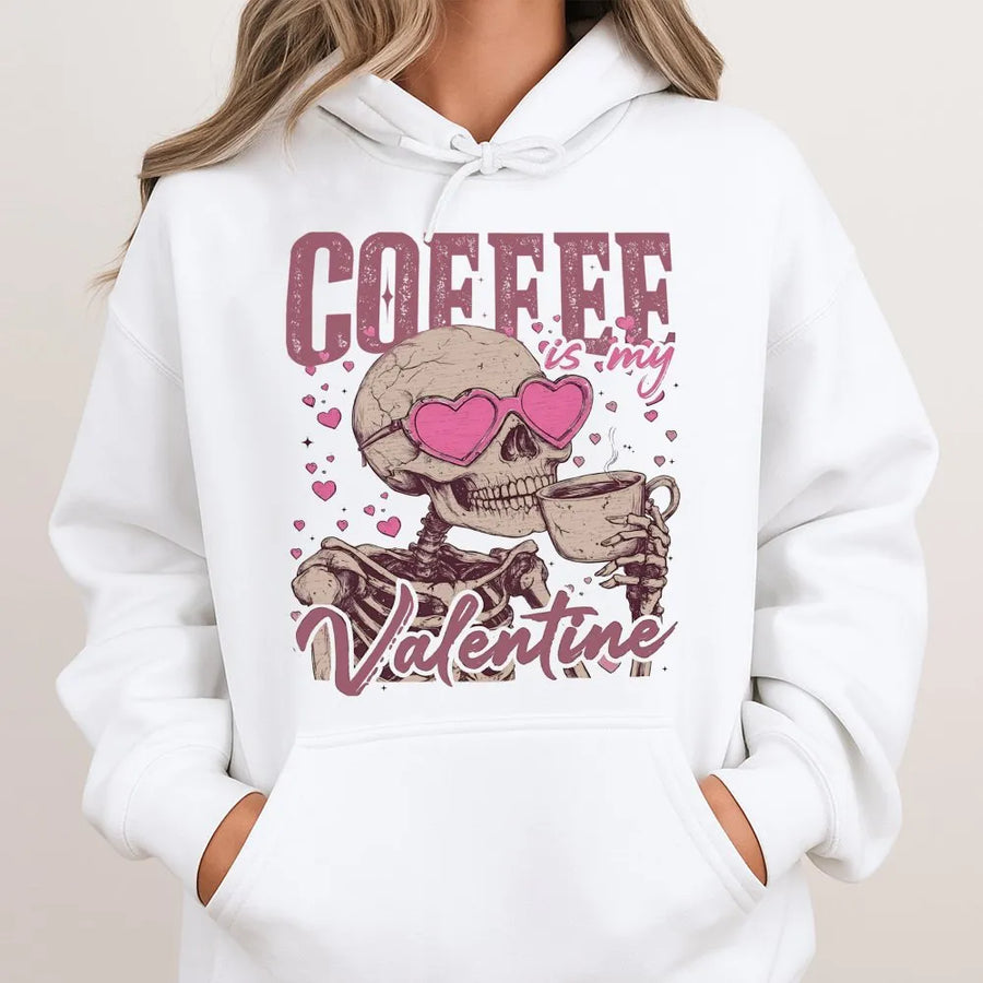Coffee Is My Valentine Hoodie | Skeleton Heart Sunglasses Graphic | Premium Cotton Blend | Funny Valentine's Day Gift for Coffee Lovers
