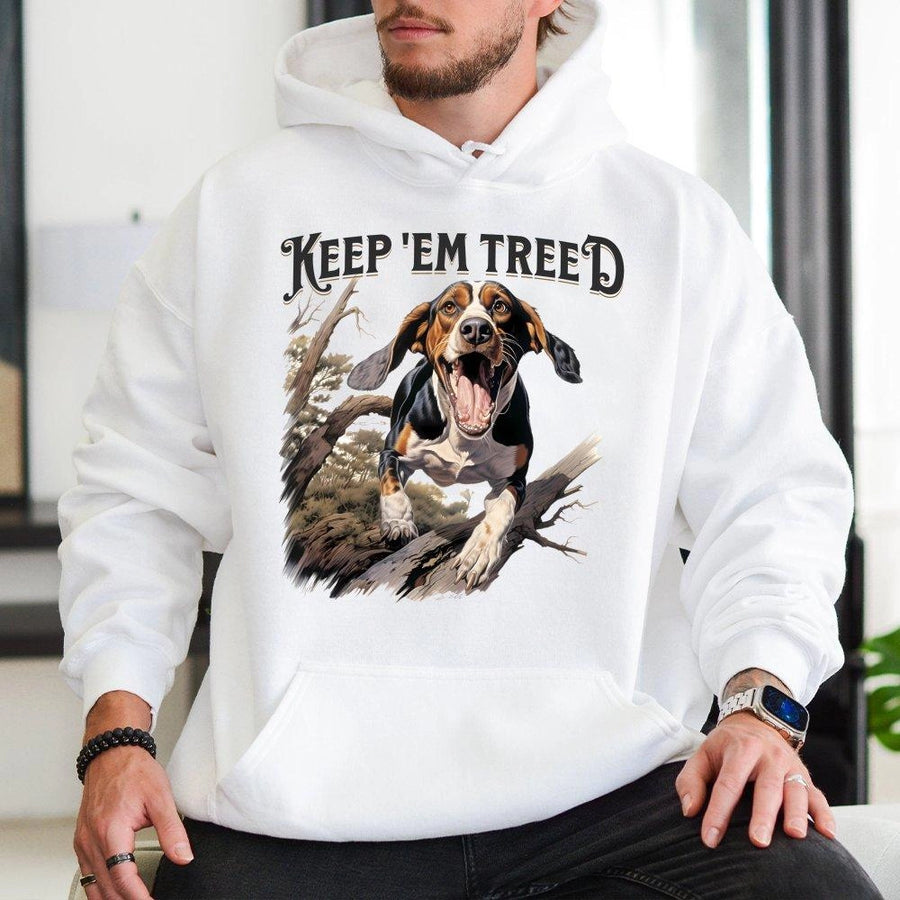 Keep Em Treed Hoodie | Coon Hunting Hound Dog Graphic | Premium Cotton Blend | Gift For Outdoorsmen And Hunters