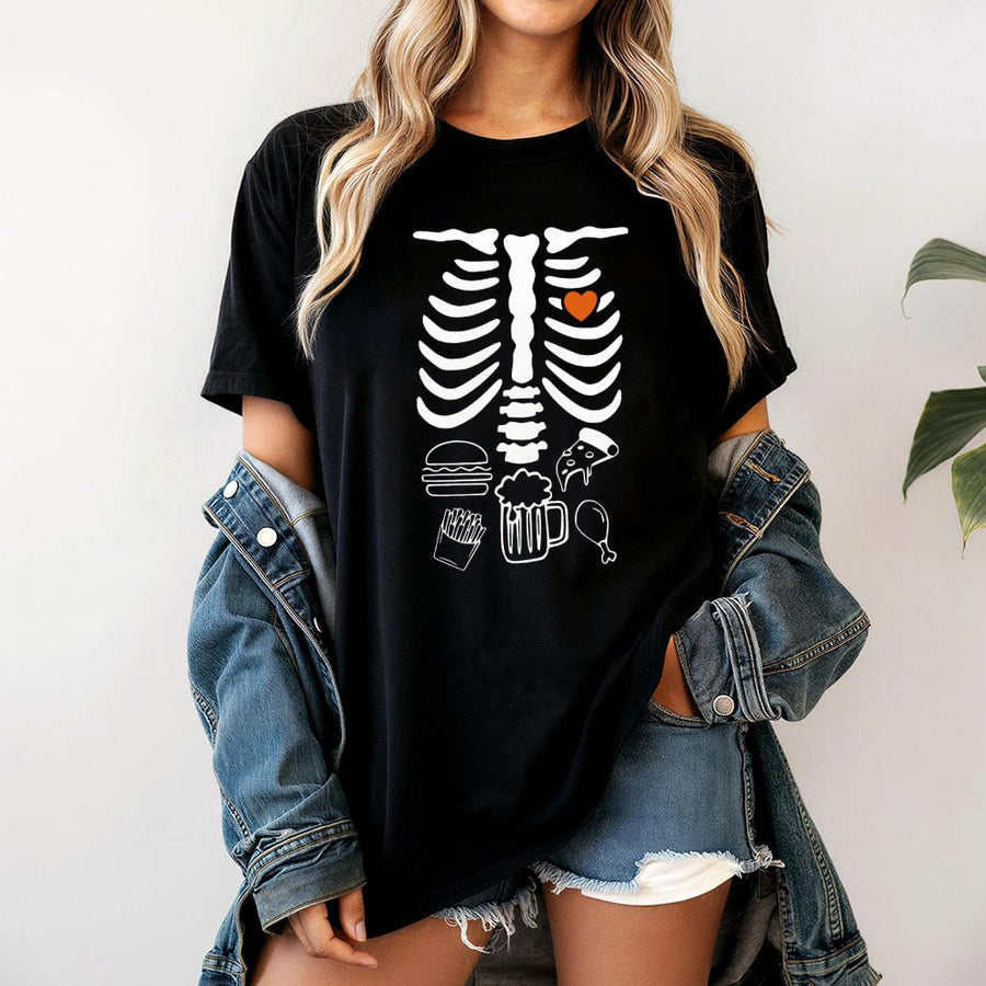 Skeleton Foodie T-Shirt | Funny X-Ray Junk Food Graphic | Premium 100% Cotton | Gift for Dad New Father Birthday Halloween Costume