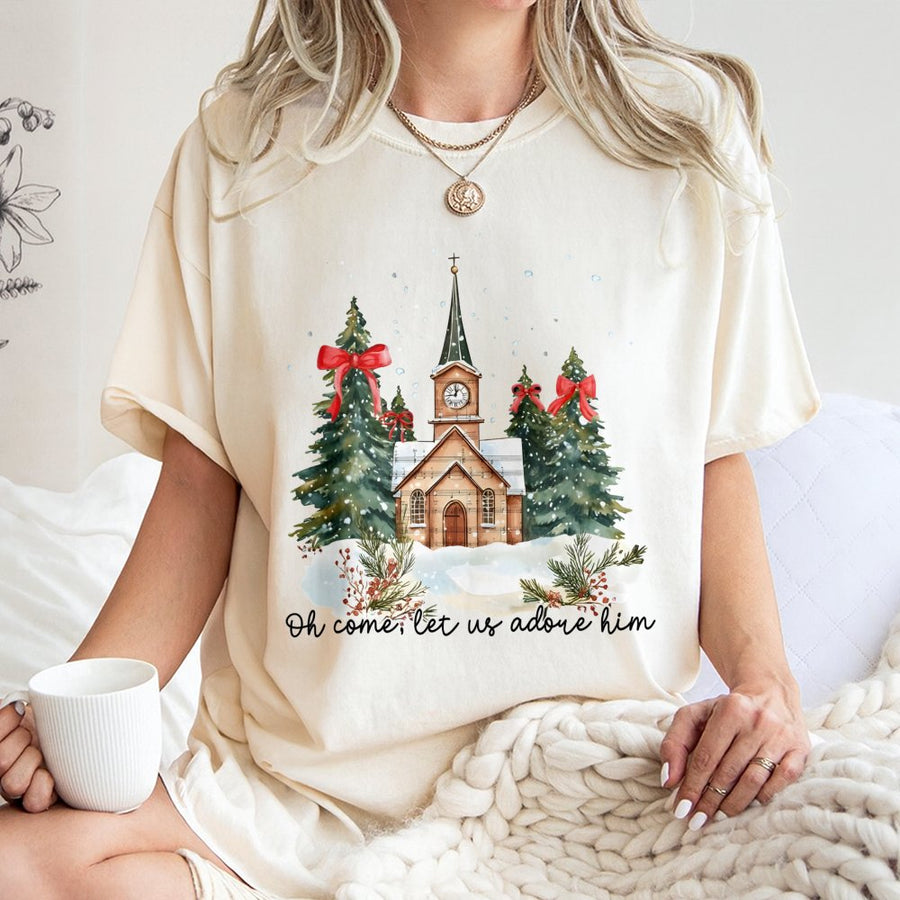 Oh Come Let Us Adore Him T-Shirt | Watercolor Church Christmas Design | 100% Cotton Premium Tee | Christian Holiday Gift for Women and Men