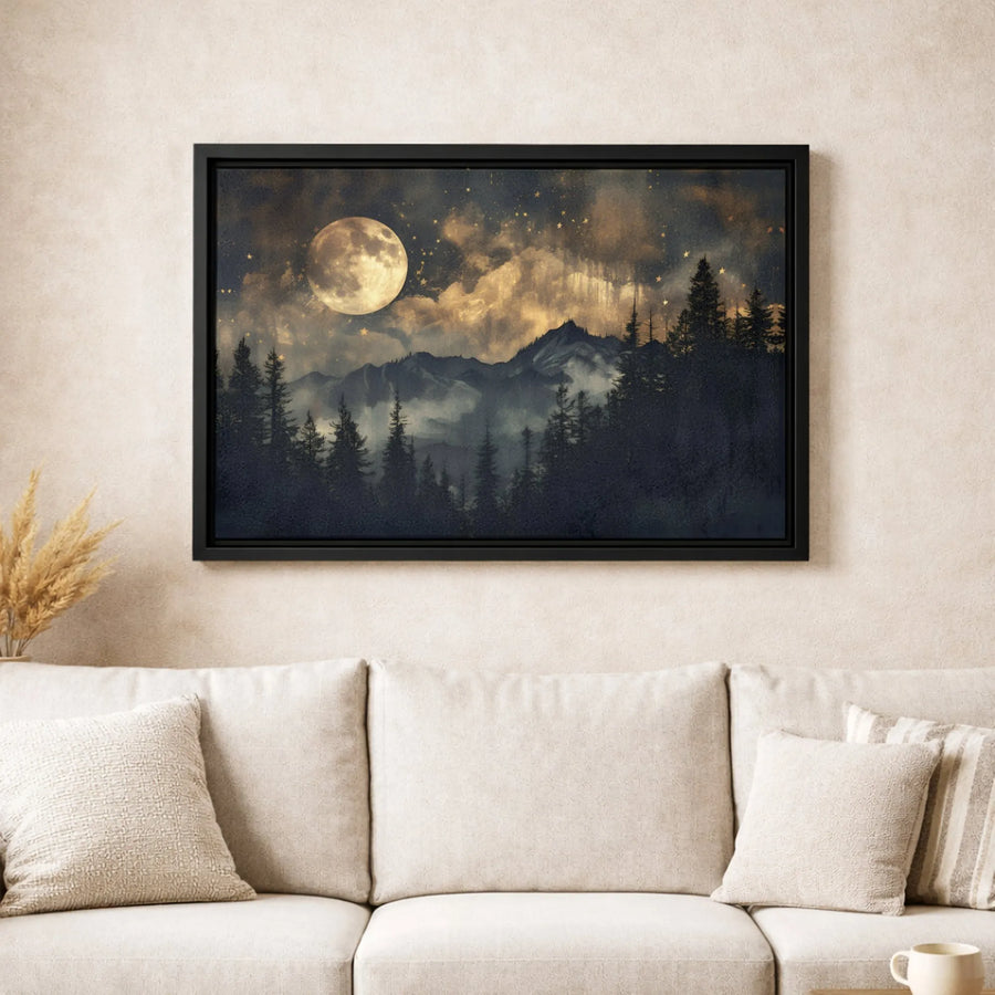 Full Moon Forest Mountain Canvas Wall Art | Midnight Nature Landscape Print | Premium 1.25-Inch Gallery Wrap | Atmospheric Home Office Decor Gift