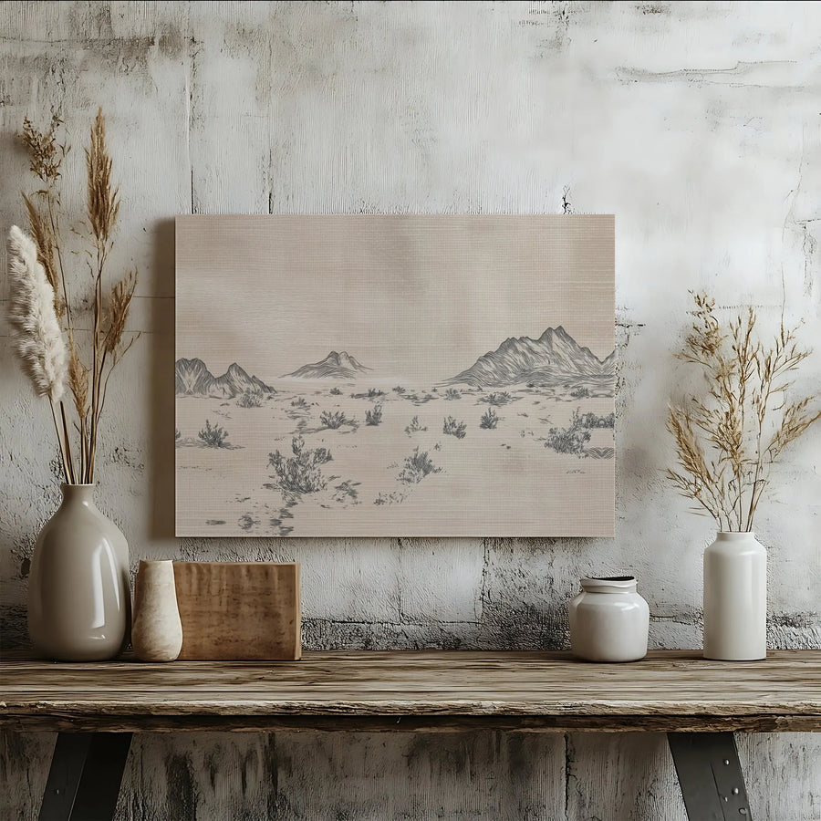Desert Landscape Wall Art | Vintage Mountain Sketch Print | Premium Gallery Wrapped Canvas | Minimalist Boho Home Decor Gift