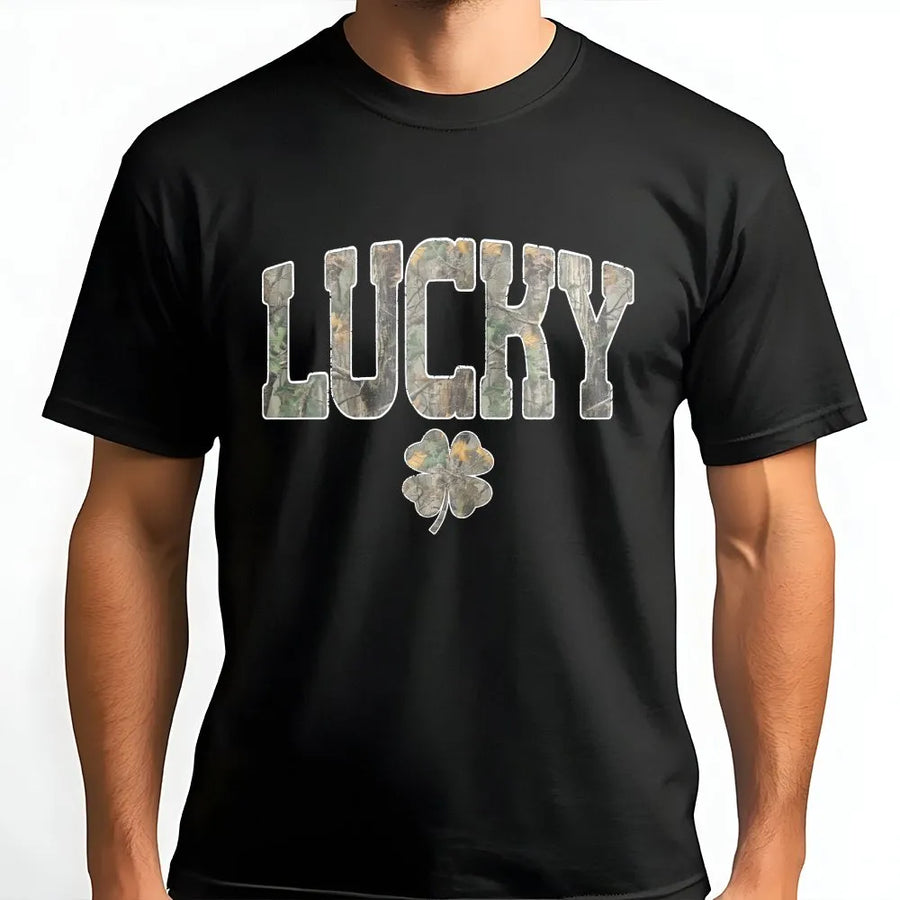 Lucky Shamrock T-Shirt | Camo Print St Patricks Day Shirt | 100% Cotton Premium Tee | Western Style Irish Gift for Women and Men