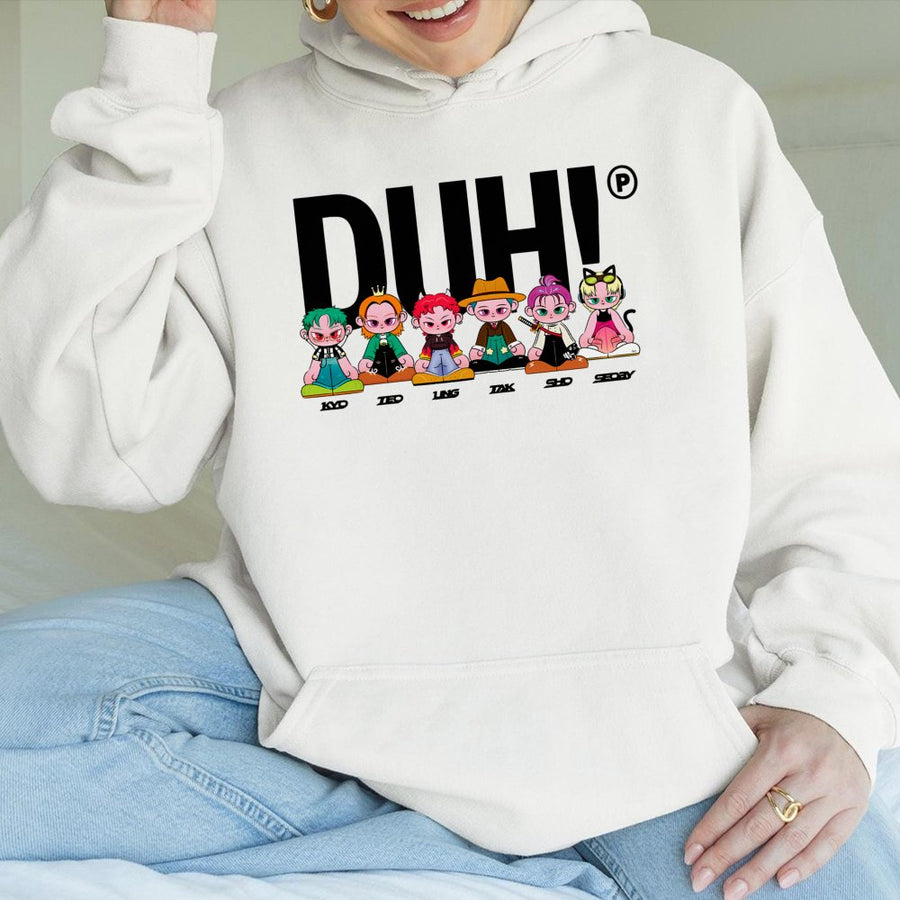 Duh K-Pop Fan Hoodie | Cute Cartoon Member Graphic Print | Premium Cotton-Blend Pullover | Aesthetic Concert Outfit Gift For Stan