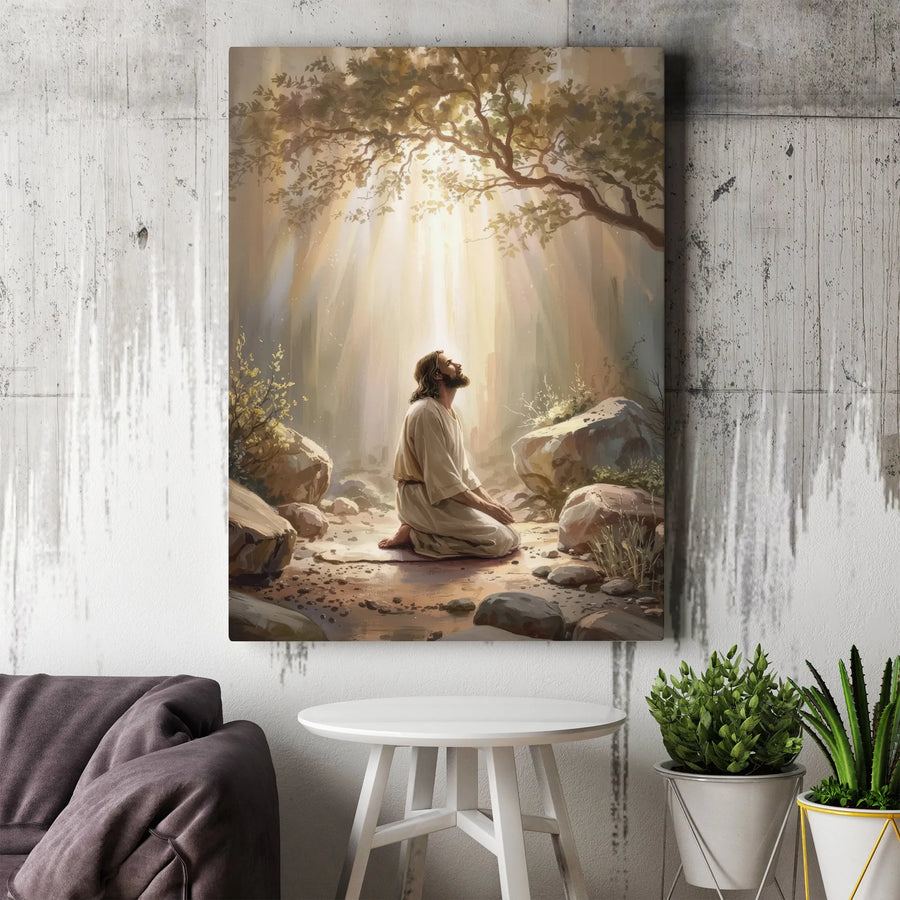 Jesus Praying Canvas Print | Divine Light Gethsemane Scene | Premium 1.25-inch Gallery Wrap | Christian Home Decor & Religious Gift