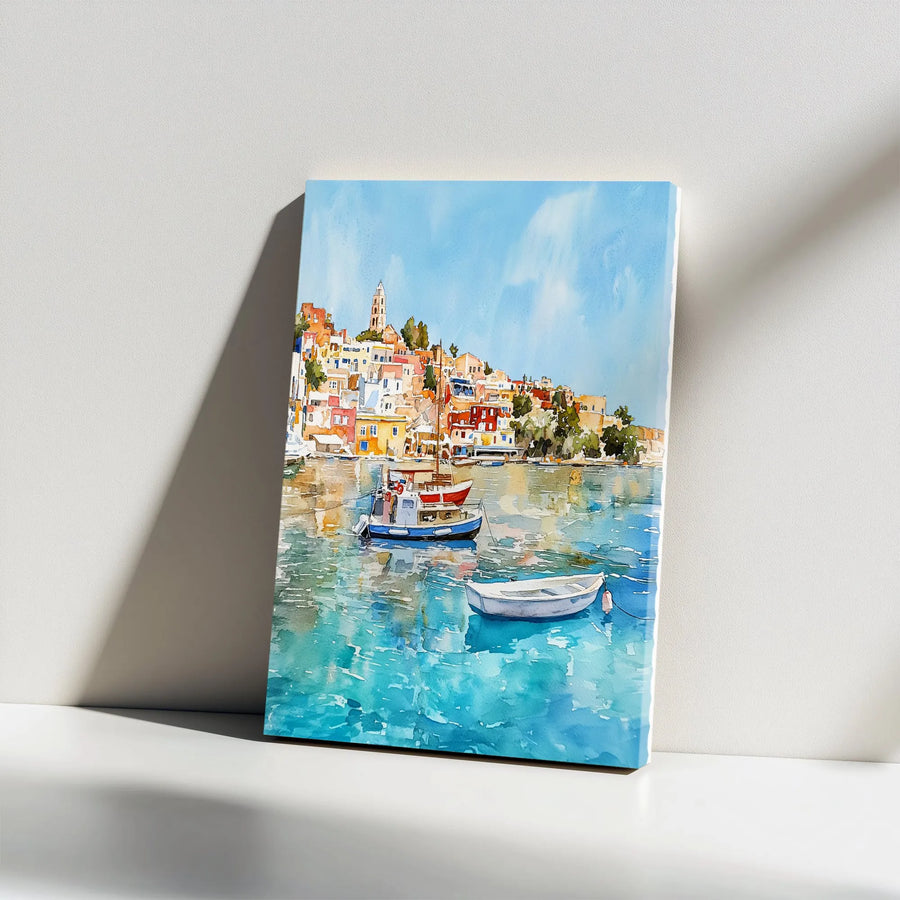 Mediterranean Harbor Canvas Art | Watercolor Painting of Coastal Town | Premium Thick Canvas Print | Travel Lover Wall Decor Gift