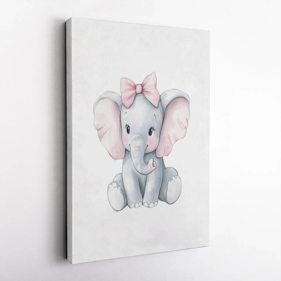 Baby Girl Elephant Canvas Art | Watercolor Nursery Wall Decor with Pink Bow | Premium Stretched Gallery Wrap | Cute Animal Gift for Baby Shower