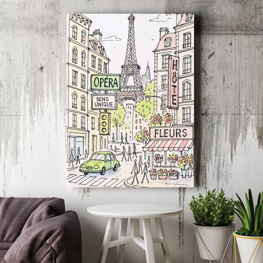 Parisian Street Scene Canvas Art | Eiffel Tower Sketch Print | Premium Gallery Wrap Wall Decor | Romantic French Cityscape Gift for Travel Lovers