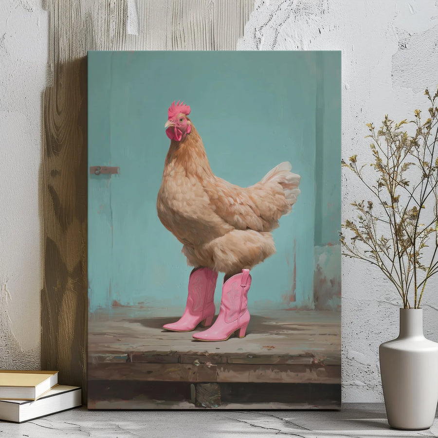 Chicken With Pink Cowboy Boots Wall Art | Whimsical Farmhouse Canvas Print | Gallery-Wrapped Premium Decor | Funny Country Kitchen Gift