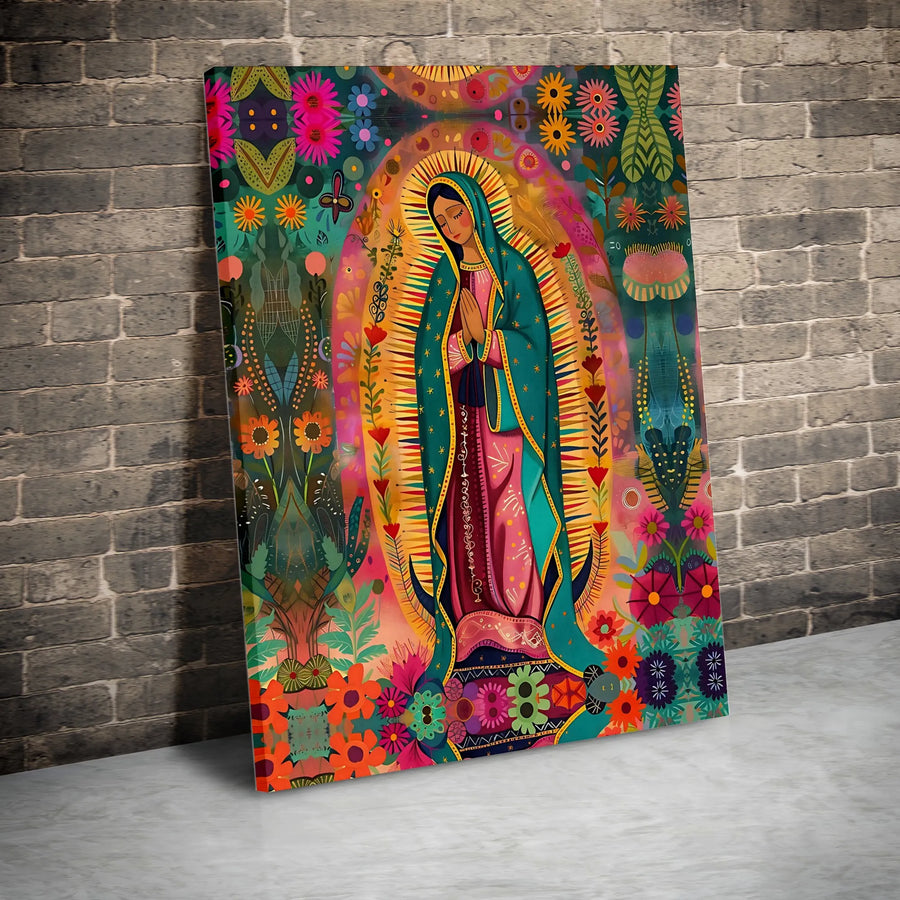 Our Lady of Guadalupe Canvas Print | Vibrant Folk Art Floral Wall Decor | Premium 1.25 inch Gallery Wrap | Religious Home Gift