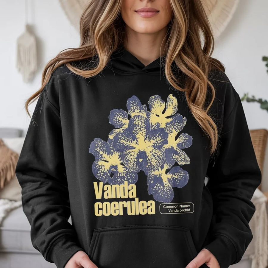 Vanda Orchid Hoodie | Vanda Coerulea Botanical Graphic Print | Premium Cotton-Poly Blend | Floral Nature Gift for Plant Lovers