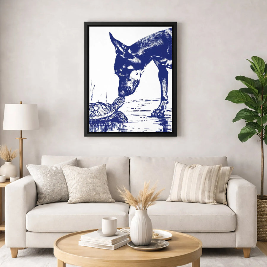 Doberman and Sea Turtle Canvas Wall Art | Whimsical Animal Nose Touch Sketch | Premium 1.25 Inch Gallery Wrap | Unique Gift for Dog Lovers