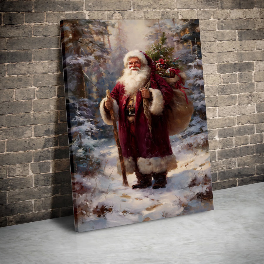 Traditional Santa Claus Canvas Art | Snowy Forest Winter Painting | Premium Gallery-Wrapped Print | Christmas Home Decor Gift