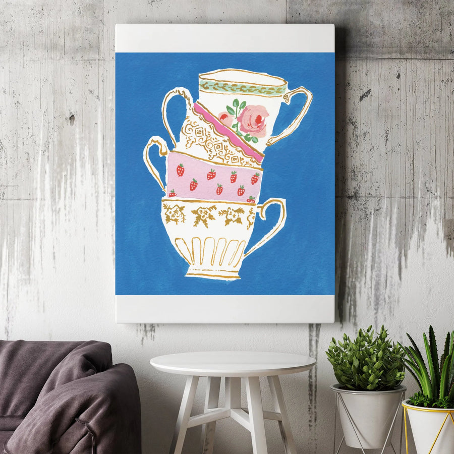 Vintage Tea Cup Canvas Wall Art | Whimsical Stacked Teacup Painting | Premium Gallery Wrapped Canvas | Kitchen & Cafe Wall Decor Gift