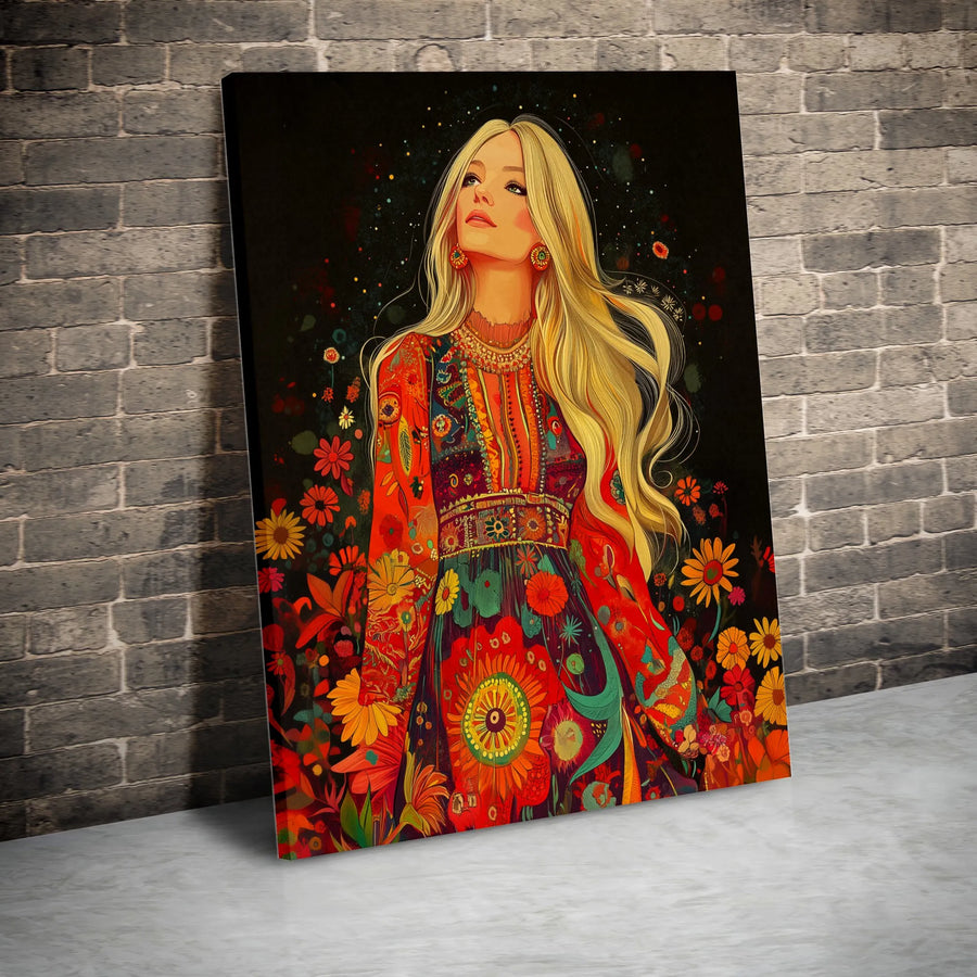 Bohemian Woman Canvas Wall Art | Psychedelic Floral Portrait Print | Premium Gallery-Wrapped Decor | Boho Chic Gift for Home Office