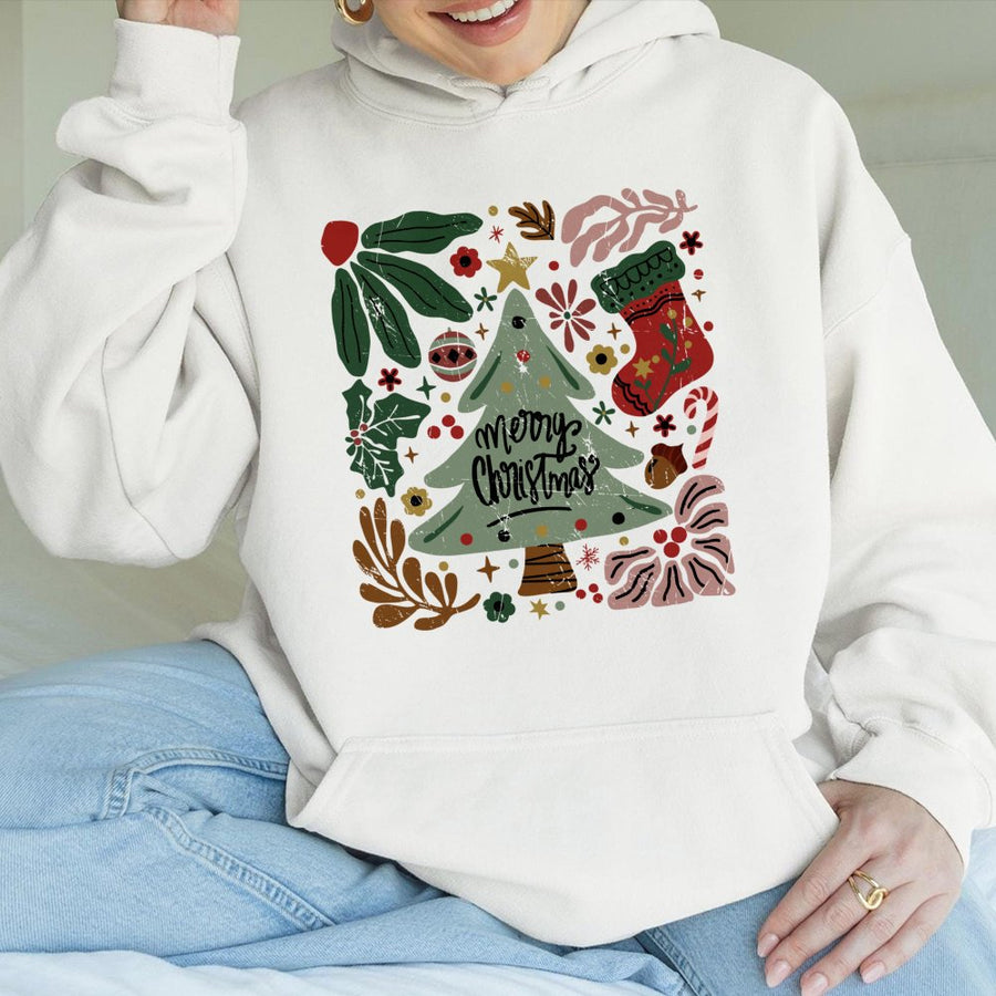 Merry Christmas Tree Hoodie | Festive Botanical Holiday Illustration | Premium Cotton-Blend Graphic Pullover | Cozy Unisex Christmas Gift for Adults