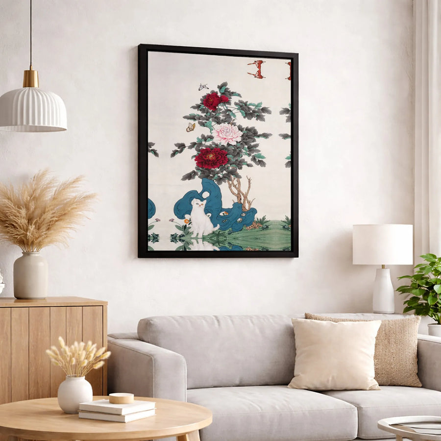 Japanese Cat Wall Art | White Kitty With Heterochromia & Peonies | Gallery Quality Canvas | Premium Home Decor Gift