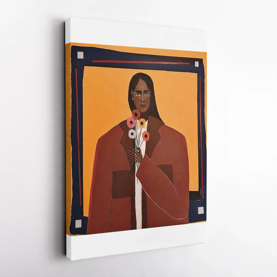Woman Portrait Canvas Wall Art | Modern Abstract Female Figure Holding Flowers | Premium Gallery Wrapped Canvas | Living Room Decor Gift