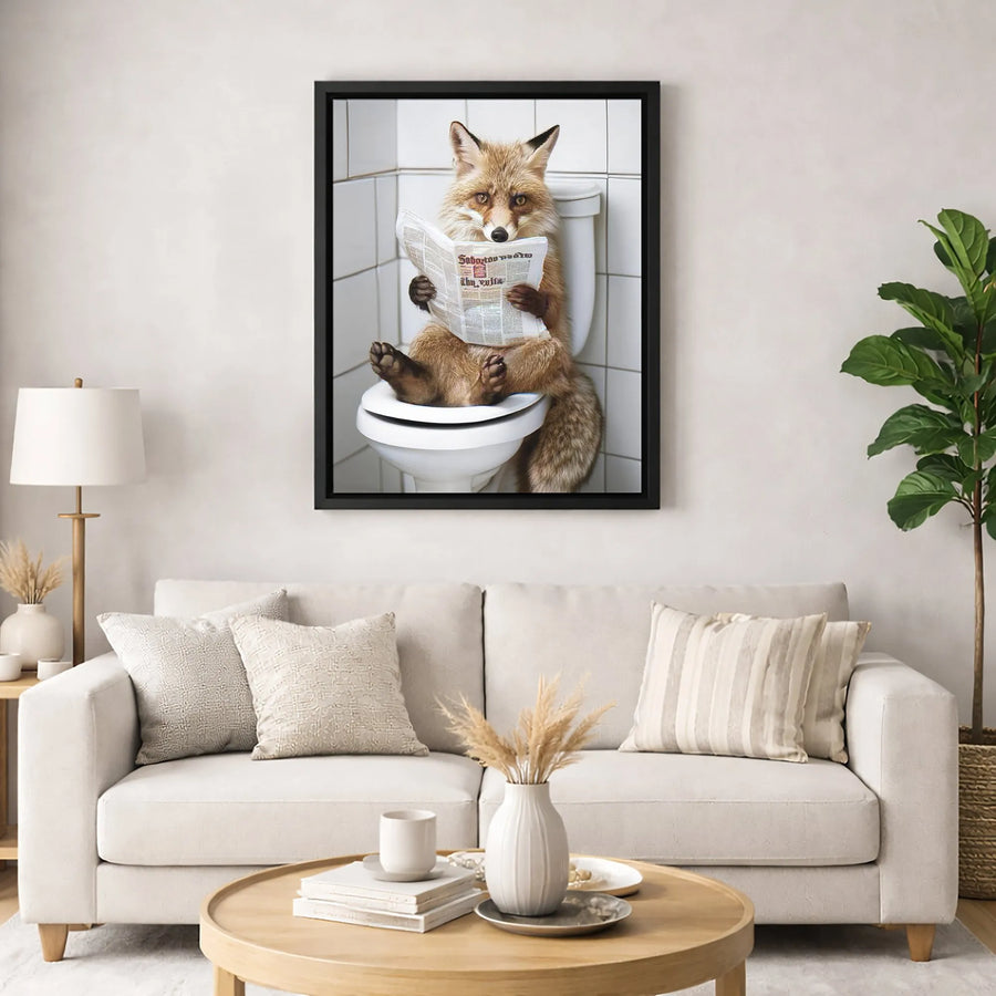 Funny Fox Reading Newspaper On Toilet | Whimsical Bathroom Wall Art | Gallery-Quality Canvas Print | Unique Humorous Gift For Men And Women