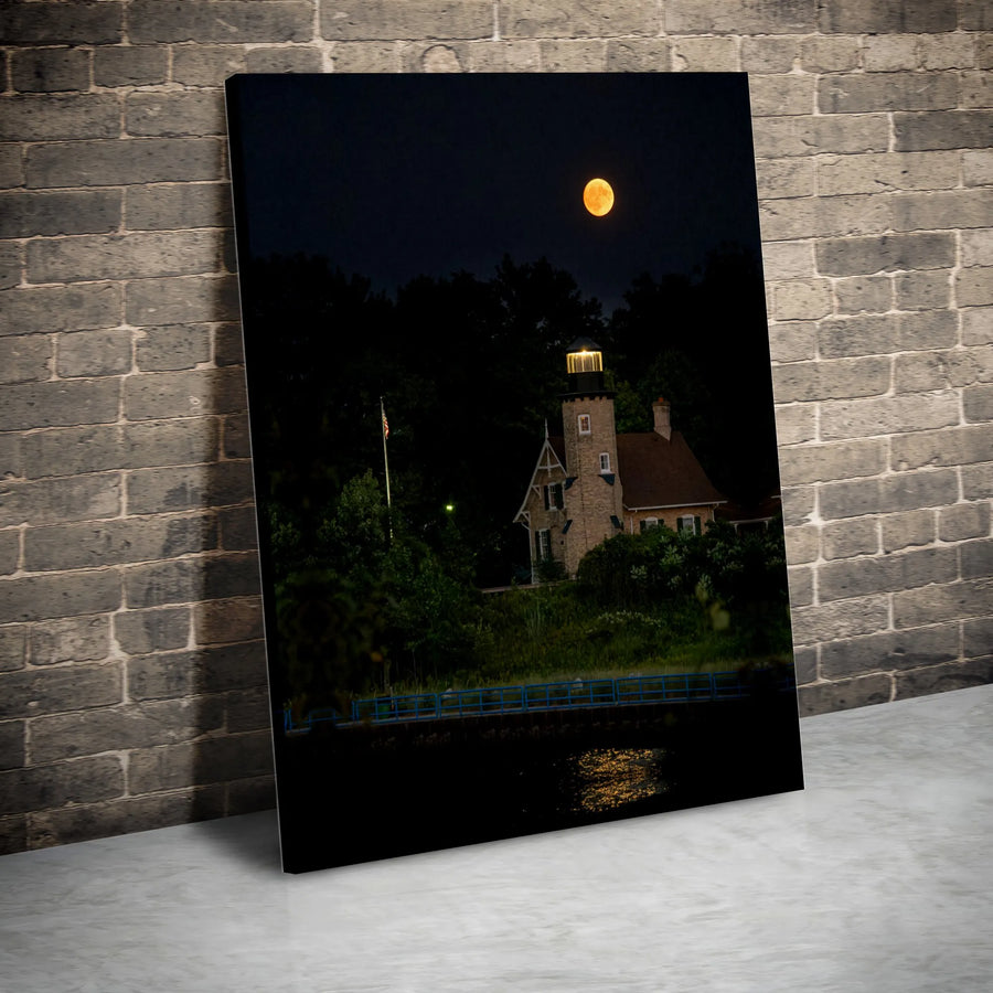 Lighthouse Wall Art | Full Moon Night Ocean Scenery | Premium Gallery Wrapped Canvas | Coastal Home Decor Gift for Nautical Enthusiasts