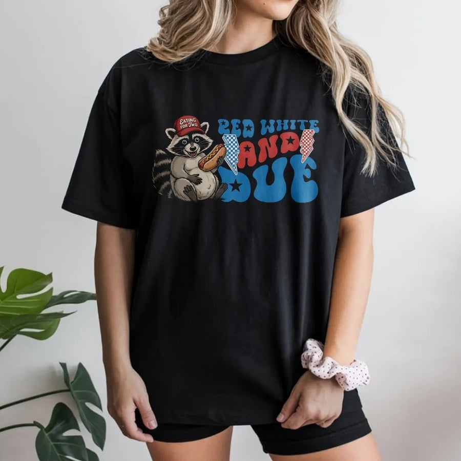 Red White and Due T-Shirt | Funny Raccoon 4th of July Graphic | Premium Cotton Blend | Gift for Expecting Mom & Baby Announcement