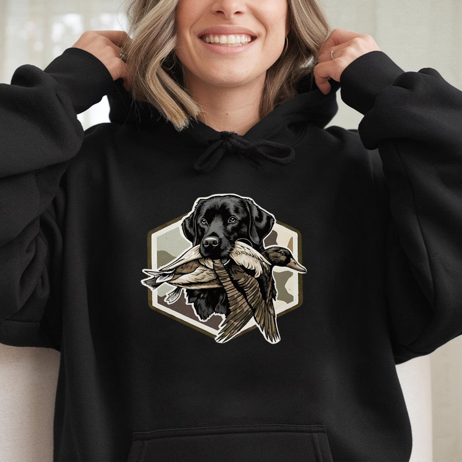 Black Labrador Duck Hunting Hoodie | Retriever Field Dog Graphic | Premium Cotton Blend | Gift for Waterfowl Hunters and Outdoorsmen