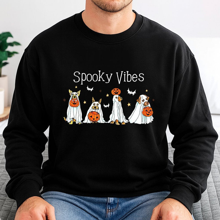 Ghost Dog Halloween Sweatshirt | Spooky Vibes Retro Graphic Tee | Premium Cotton Blend Crewneck | Cute Pet Lover Gift for Fall Season