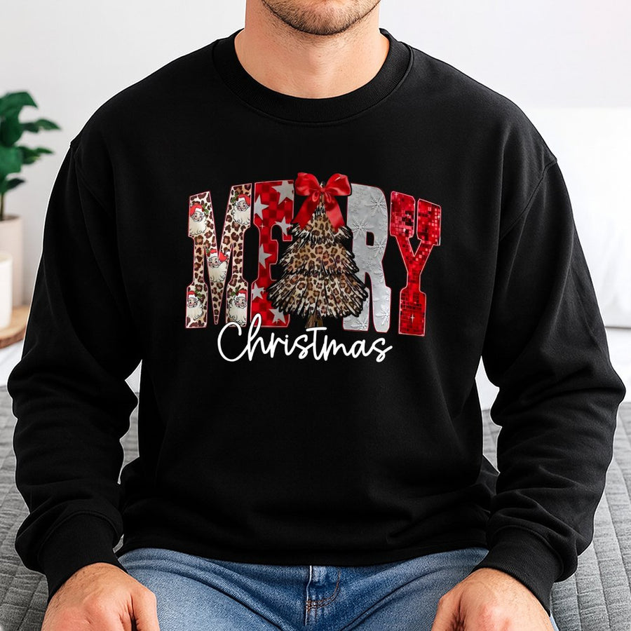 Merry Christmas Sweatshirt | Leopard Print Tree Graphic | Premium Cotton Blend Crewneck | Festive Holiday Gift for Her