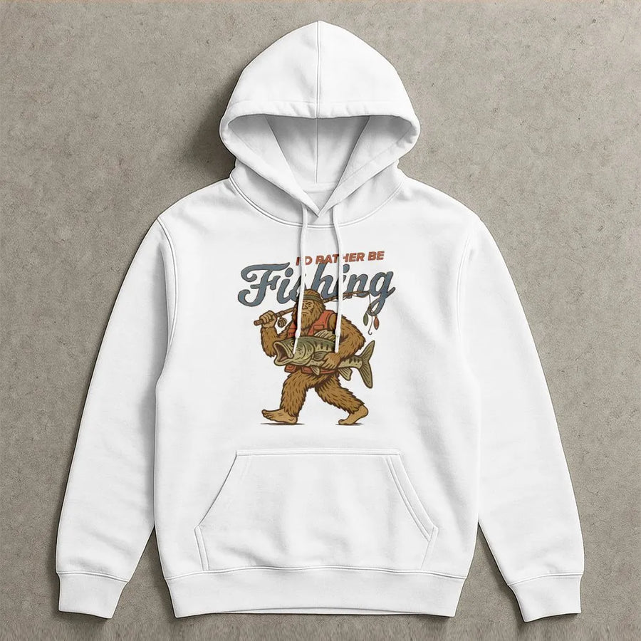 Sasquatch Fishing Hoodie | Retro I'd Rather Be Fishing Graphic | Premium Cotton Blend | Funny Gift for Fisherman and Cryptid Lovers