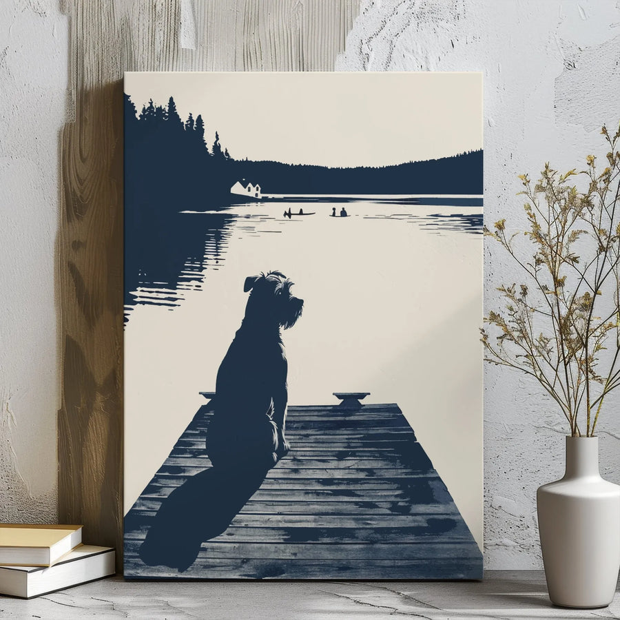 Schnauzer Dog Canvas Wall Art | Lake Pier Silhouette Print | Premium Gallery Wrap Decor | Gift for Dog Lovers and Nature Enthusiasts