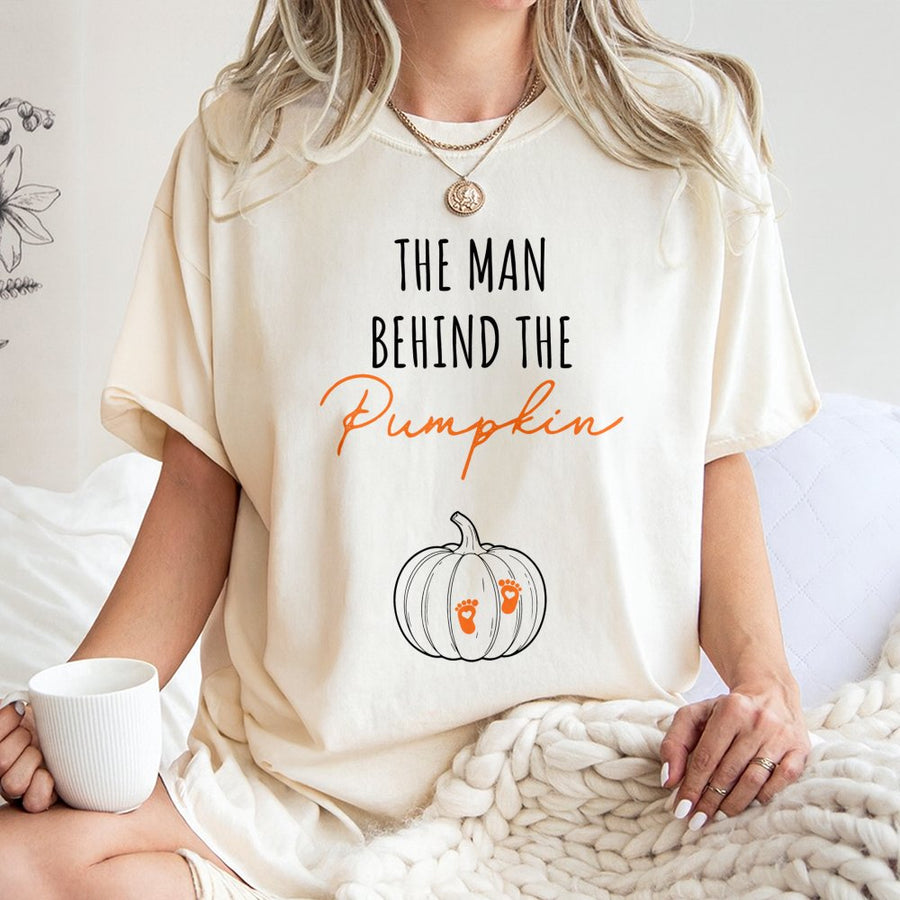 The Man Behind The Pumpkin T-Shirt | Halloween Pregnancy Announcement | Soft Cotton Apparel | Expecting Dad Gift & Matching Couple Costume