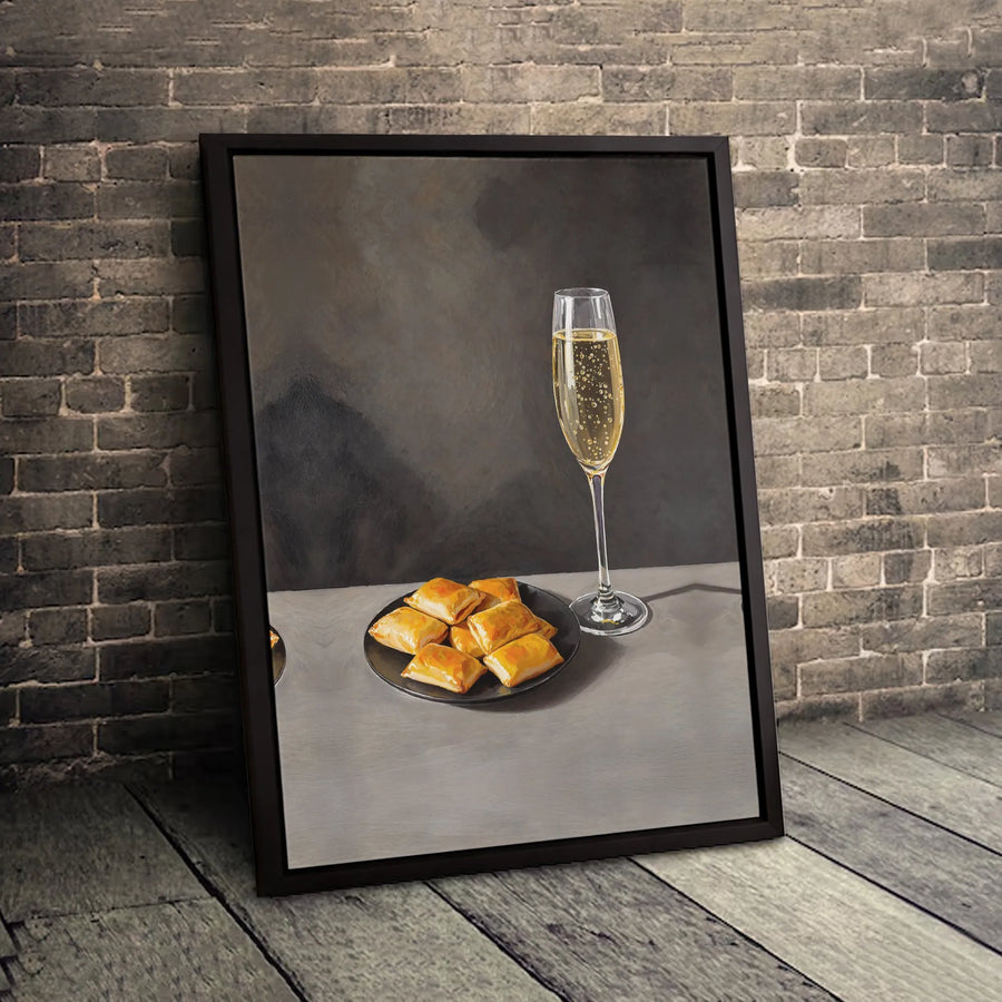 Champagne And Pizza Rolls Still Life Canvas Art | Humorous Foodie Wall Decor | Premium 1.25" Gallery Wrap | Funny Kitchen Bar Print Gift
