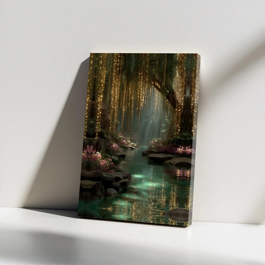 Enchanted Forest Canvas Wall Art | Glowing Fairy Lights River Scene | Premium Gallery Wrap Print | Whimsical Nature Decor For Home